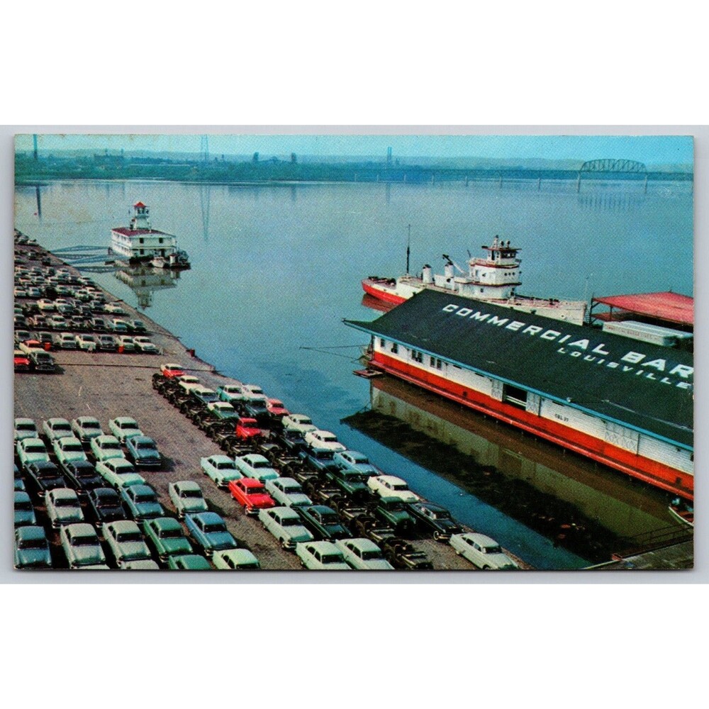 Vtg Postcard Louisville KY Wharf Scene Ohio River US Coast Guard Station 1950s